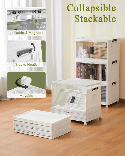 Collapsible stackable storage bins with locking lids, showcasing a white plastic 3-pack for easy organization and mobility.