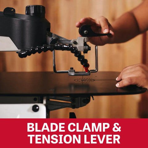 18 Inch Variable Speed Scroll Saw With 120V Power, Tilt Arm 45 Degrees Right And 30 Degrees Left, Removable Dust Port, Two And One Half Inch Port, Large Eleven And Five Eighths Inch By Twenty One Inch Steel Table, Vibration Free Precision Woodworking