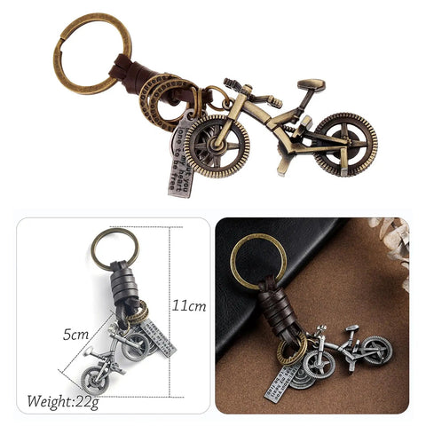 Vintage Leather And Bronze Bicycle Keychain With Metal Wheel And Handlebars Pendant, Personalized Key Ring, 11cm length