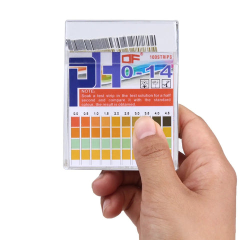 Hand holding PH Test Strips 0-14 With 0.5 Accuracy, 100 Count, No Guesswork Ultra Accurate Litmus Paper for home pH checks