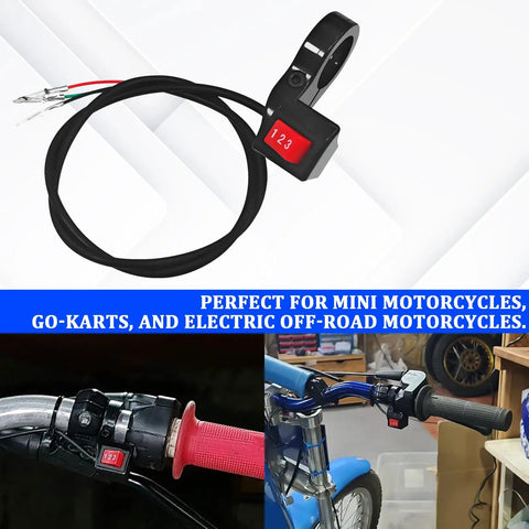 Universal 3 Speed Motorcycle Handlebar Shift Switch 22Mm 7 8 Inch Electric Bike Control Lever for Dirt Bikes and Scooters mounted on handlebars.