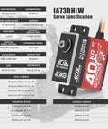 40Kg High Torque RC Servo Motor With Full Metal Gear Waterproof Brushless Programmable Standard Servo And Accurate Position Feedback IA73BHLW Great For RC Cars Planes Boats Drones And Robotic Projects with specifications background