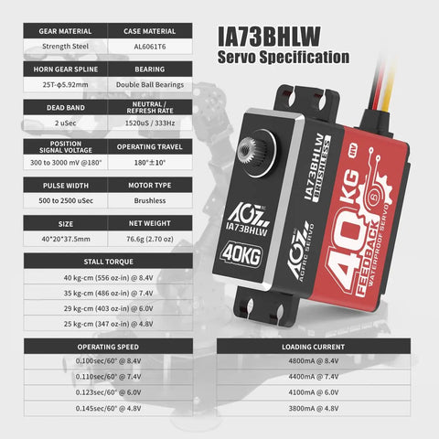 40Kg High Torque RC Servo Motor With Full Metal Gear Waterproof Brushless Programmable Standard Servo And Accurate Position Feedback IA73BHLW Great For RC Cars Planes Boats Drones And Robotic Projects with specifications background