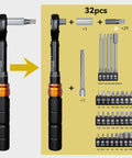 32 Piece Bike Torque Wrench Set With One Quarter Inch Drive Click Wrenches And Bit Kit shown with components and bits