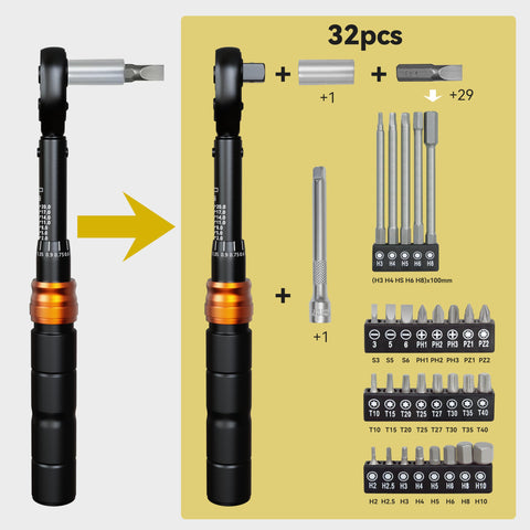 32 Piece Bike Torque Wrench Set With One Quarter Inch Drive Click Wrenches And Bit Kit shown with components and bits