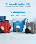 Three CADPXS Shield-550 air scrubbers in red, blue, and grey, compatible with MERV-10 Filter Replacement Set For S-550 Air Scrubber