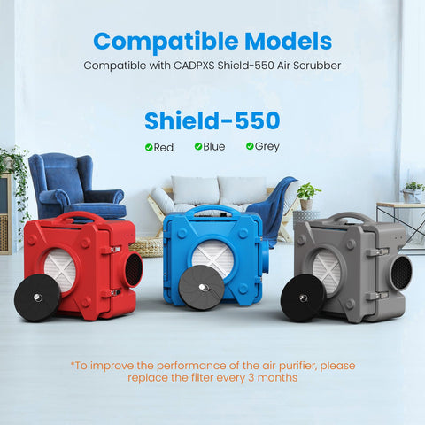 Three CADPXS Shield-550 air scrubbers in red, blue, and grey, compatible with MERV-10 Filter Replacement Set For S-550 Air Scrubber
