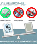 Indoor Outdoor Wireless Weather Station with 330 Foot Range No Fuss Digital Hygrometer Thermometer next to materials graphic