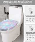 Elongated Resin Toilet Seat for Bathroom with iridescent design, showing installation accessories for varied toilet types.