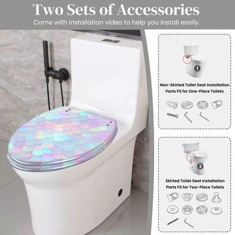 Elongated Resin Toilet Seat for Bathroom with iridescent design, showing installation accessories for varied toilet types.