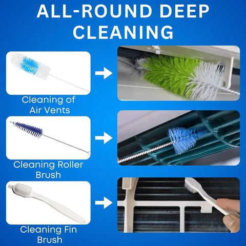 Go-To Mini Split Cleaning Kit Bag With 2L High Pressure Sprayer tools including brushes for air vents, rollers, and fins.