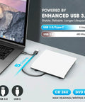 Plug And Play External CD DVD Drive For Mac And Laptop With USB Three Point Zero And USB C No Driver Required Slim White Optical Drive For PC And MacBook Ready Out Of The Box. White slim external CD/DVD drive connected to a laptop with USB 3.0/USB-C cable, 5 Gbps.