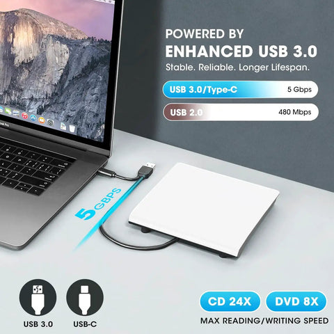 Plug And Play External CD DVD Drive For Mac And Laptop With USB Three Point Zero And USB C No Driver Required Slim White Optical Drive For PC And MacBook Ready Out Of The Box. White slim external CD/DVD drive connected to a laptop with USB 3.0/USB-C cable, 5 Gbps.