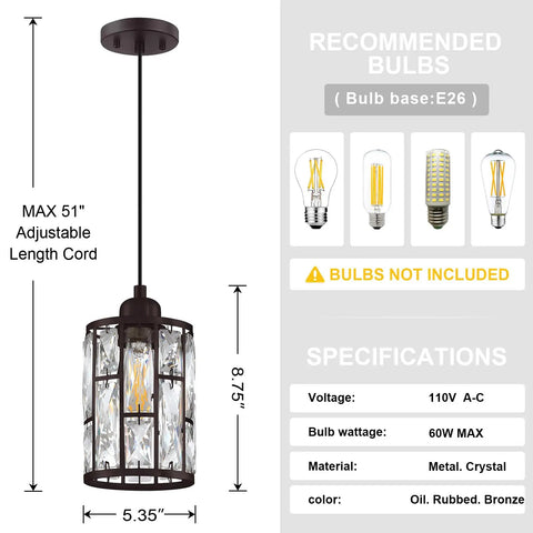 Single crystal shade pendant light with chrome finish, 8.75 inch height, 5.35 inch diameter, bulb base E26 specs shown. Bulbs not included.