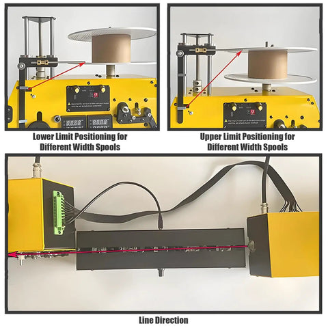 Compact Desktop Filament Extruder And Maker Machine For 3D Printers showcases spool positioning limits and line direction adjustments.