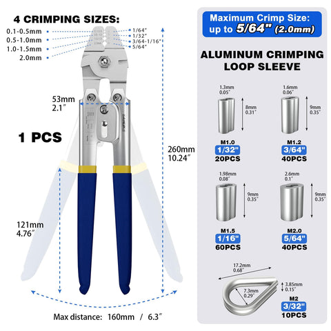 Heavy Duty Wire Rope Crimping Tool Kit For 2.0mm Cable With Aluminum Ferrule Sleeves, 160 Pieces, 4 Sizes and Thimble Assortment