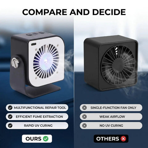 Solder Fume Extractor With 3W Glue Curing Light 15000RPM Soldering Fan compared to standard fan for electronics repair.