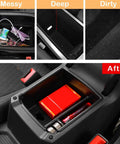 Center Console Organizer for VW Tiguan and Taos 2018 to 2026 in use, showcasing neat storage with ABS tray and coin holder in car interior.