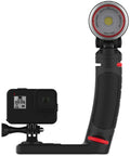 Sea Dragon 2300F Underwater Photo Video Light For Scuba And Snorkeling with Flex Connect Grip and Tray, shown with action camera