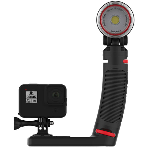Sea Dragon 2300F Underwater Photo Video Light For Scuba And Snorkeling with Flex Connect Grip and Tray, shown with action camera