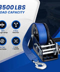 Beefy 3500 Lb Boat Trailer Winch, Portable Hand Crank With 33 Ft Strap, Dual Gear Ratios 4-to-1 And 8-to-1, Blue Finish, Built For Boat, Trailer, Truck, RV, ATV And Jet Ski Towing with blue strap and hook