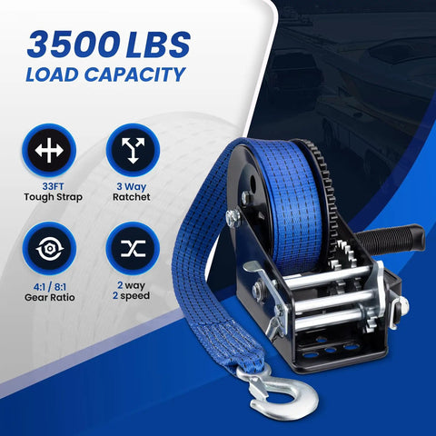 Beefy 3500 Lb Boat Trailer Winch, Portable Hand Crank With 33 Ft Strap, Dual Gear Ratios 4-to-1 And 8-to-1, Blue Finish, Built For Boat, Trailer, Truck, RV, ATV And Jet Ski Towing with blue strap and hook
