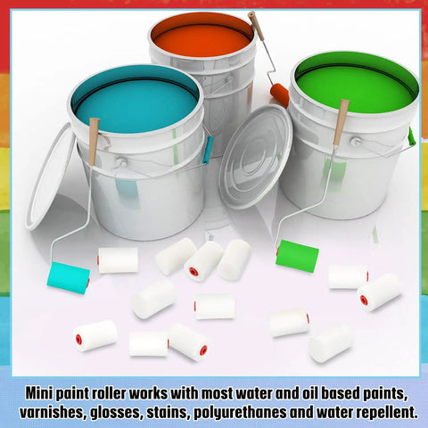 40 Pcs 2 Inch Mini Foam Paint Roller Covers For Textured And Smooth Surfaces shown with paint buckets