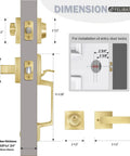Dimensions of Brass Satin Front Door Lock Set With Single Cylinder Deadbolt And Door Lever, showing measurements and installation guide.