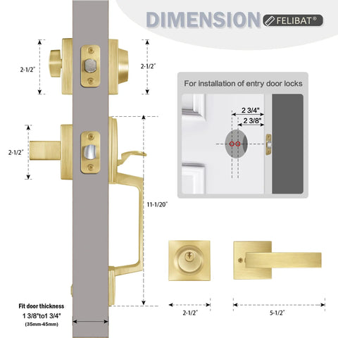 Dimensions of Brass Satin Front Door Lock Set With Single Cylinder Deadbolt And Door Lever, showing measurements and installation guide.
