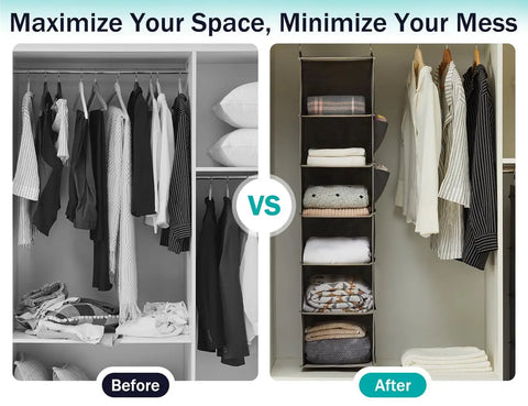 Before and after of a closet showing the 6 Shelf Hanging Closet Organizer Set In Grey, Double Pack, creating vertical storage space.