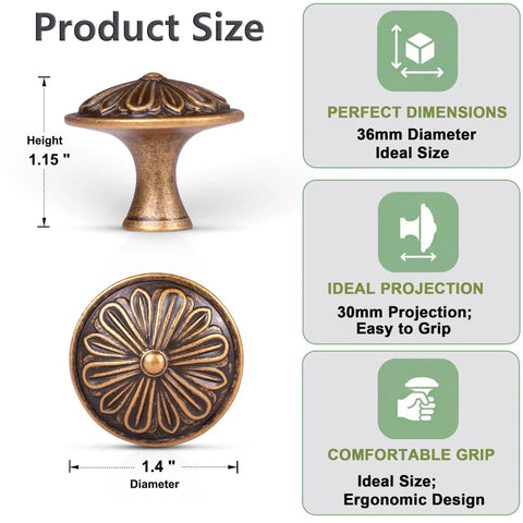 Old School Brass Cabinet Knob Set, Solid Zinc Alloy 1.4 Inch Round Handles, 10 Pack For Cabinets And Drawers, size details image