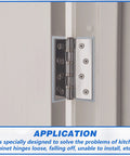 Stainless Steel 16 Gauge Door Hinge Shims 4-1/2 In By 1-5/8 In Hinge Spacer installed on door for alignment adjustment and squeak reduction.
