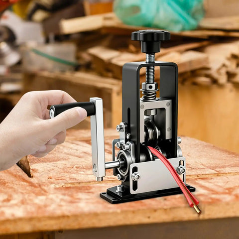 Multifunction Electric Wire Stripper Dual Mode Hand Crank Drill Powered Precision Stripping Tool in use, compact design with red wires.