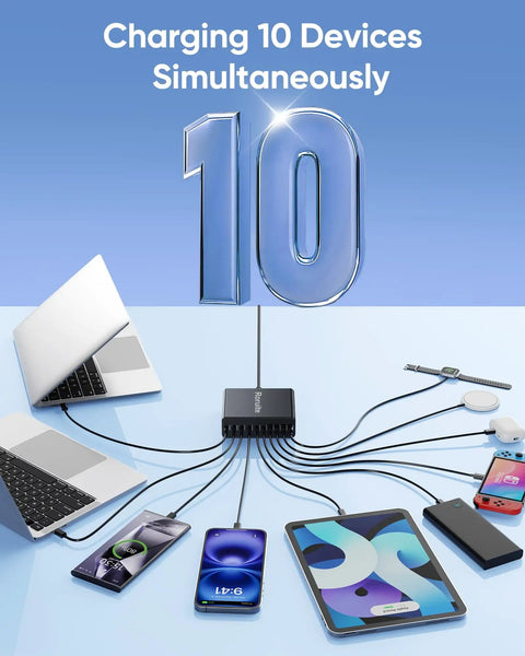 All In One 800W USB C Charging Station with 10 Ports GaN5 PD Fast Charger powering multiple devices including laptops and phones