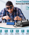 Person using Portable Spot Welder With Farad Capacitor Energy Storage 3000F 120 Adjustable Gears to weld battery pack.