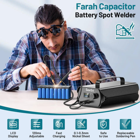 Person using Portable Spot Welder With Farad Capacitor Energy Storage 3000F 120 Adjustable Gears to weld battery pack.