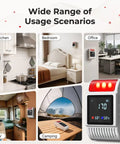 Plug In Six In One Smoke And Carbon Monoxide Guardian positioned in various settings like kitchen, bedroom, RV, and office.
