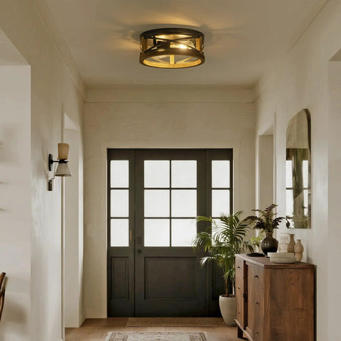Installed Farmhouse Round Flush Mount Ceiling Light With Wood And Black Metal Frame 2 Light Rustic Ceiling Fixture in hallway