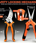 4 Pack Garden Pruning Shears Set With Stainless Steel Blades And Comfort PP TPR Handles, shown with safety lock mechanism