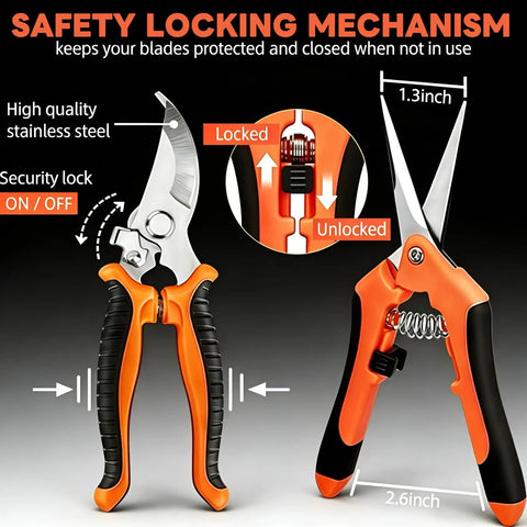 4 Pack Garden Pruning Shears Set With Stainless Steel Blades And Comfort PP TPR Handles, shown with safety lock mechanism