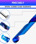 Close-up of Upcut Spiral Router Bit, Pro Grade Carbide With Blue Coating, Single Flute, for precision cuts in various materials.