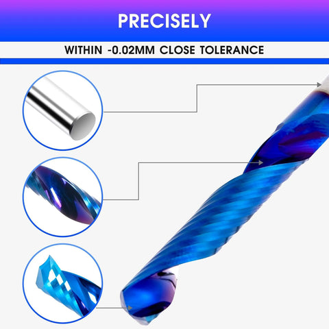 Close-up of Upcut Spiral Router Bit, Pro Grade Carbide With Blue Coating, Single Flute, for precision cuts in various materials.