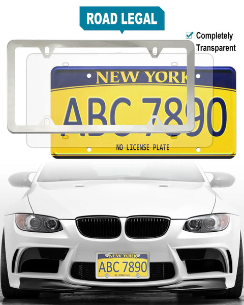 Crystal Clear License Plate Frame Covers 2 Pack Flat Tag Shield Protector with unbreakable acrylic and screw caps on car