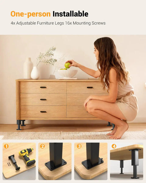 Adjustable Metal Furniture Legs Four Pieces 10 To 18 Inch Beefy Heavy Duty Replacement Feet installed on a wooden cabinet.
