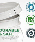 Close-up of Beefy 5 Gallon Food Grade Bucket With Lid Heavy Duty 90 Mil Pail Metal Handles With Plastic Grip Multi Use Storage BPA Free Stackable