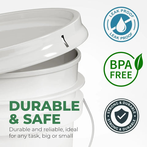 Close-up of Beefy 5 Gallon Food Grade Bucket With Lid Heavy Duty 90 Mil Pail Metal Handles With Plastic Grip Multi Use Storage BPA Free Stackable