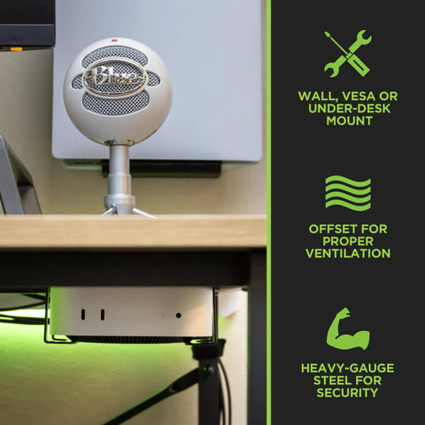 Kick Clutter To The Curb With This Rock Solid Mac Mini M4 Mount Featuring An Under Desk Bracket And Vesa Monitor Arm For Clean Home Office Setup Plus Optimal Airflow Cooling And Full Hardware, showing under desk mount with ventilation offset.