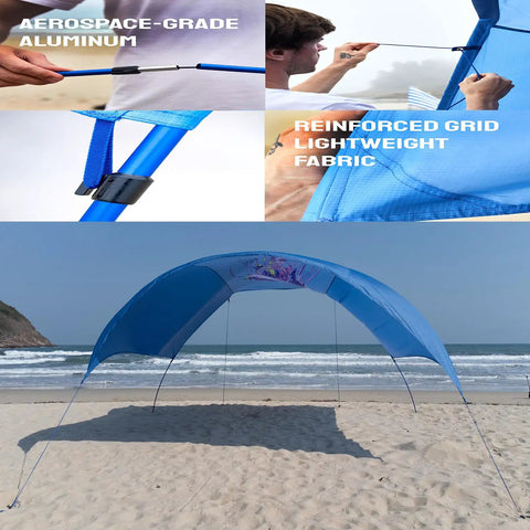 Wind-Powered Beach Shade Canopy No-Fuss Easy Setup Sun Shelter Tent With UPF 50+ UV Protection at seaside with aluminum frame