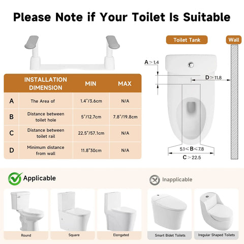 Installation guide for Beast Mode Cast Iron Toilet Safety Rails With Quick Fold Handles showing dimensions for toilet compatibility.