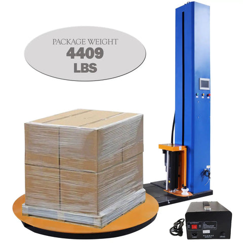 Workhorse Industrial Pallet Wrapping Machine With 4409 Pounds Capacity And 65 Inch Turntable featuring a large load of boxes wrapped in plastic.